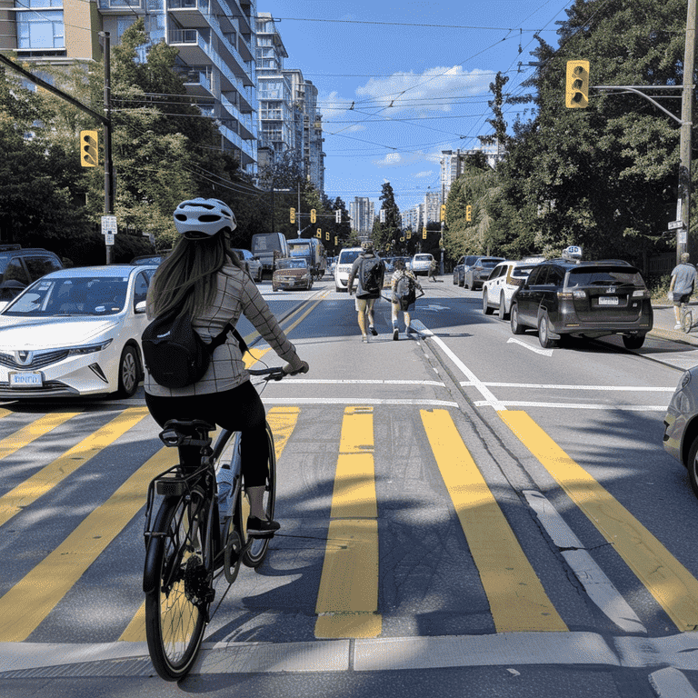 Cyclist in a bike lane and pedestrian crossing at a crosswalk