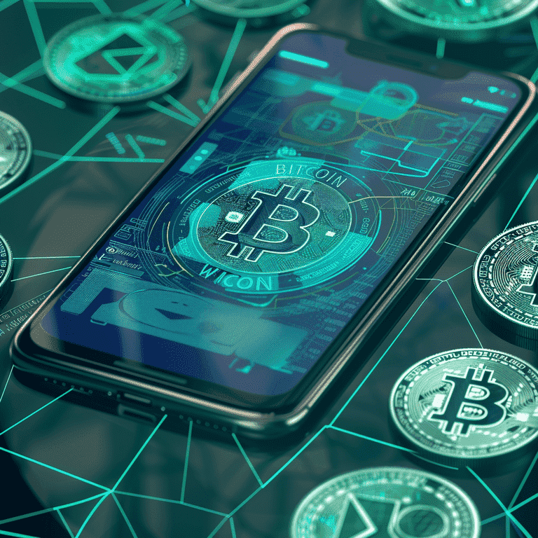 Digital wallet icon on a smartphone with cryptocurrency symbols