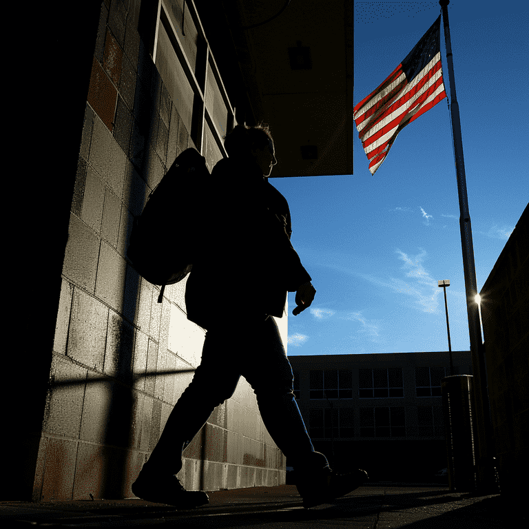 Silhouette of a person approaching an immigration court building, highlighting the risks of deportation after divorce.