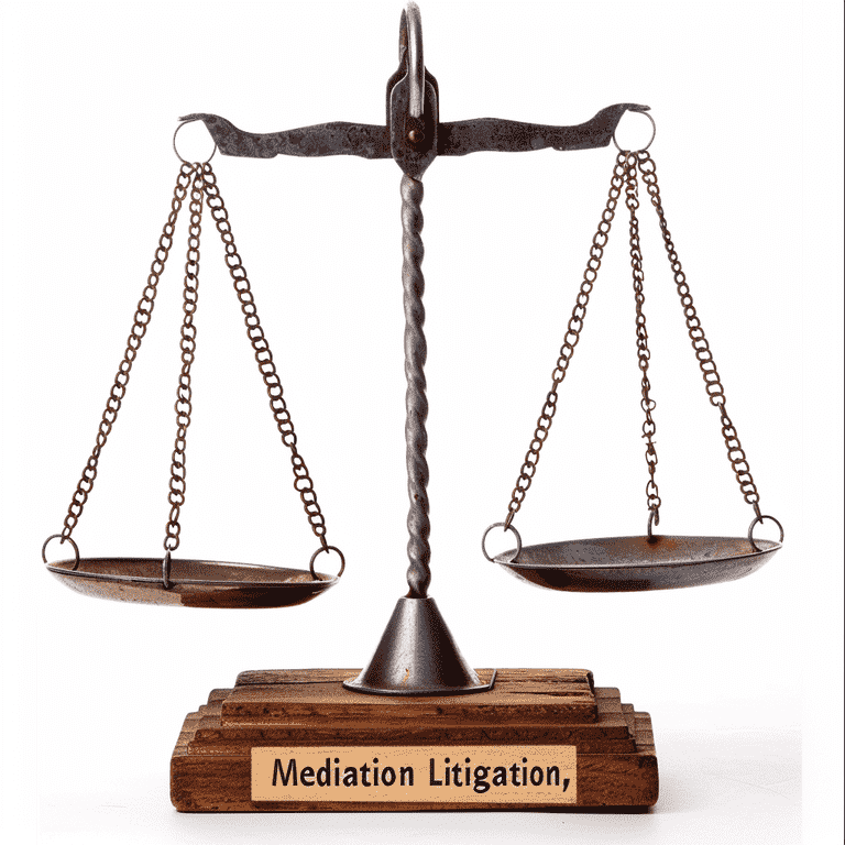 A balanced scale comparing mediation and litigation in divorce.