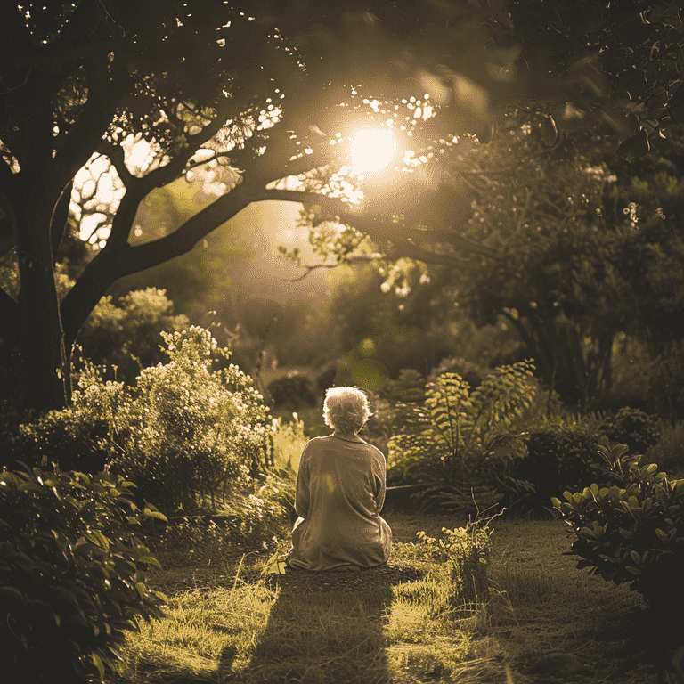 Elderly person sitting in a peaceful garden surrounded by greenery and soft light.