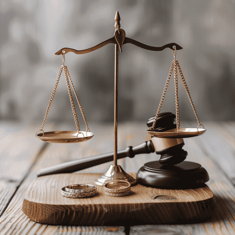 Balanced scale with wedding rings and a gavel representing divorce outcomes and trends.