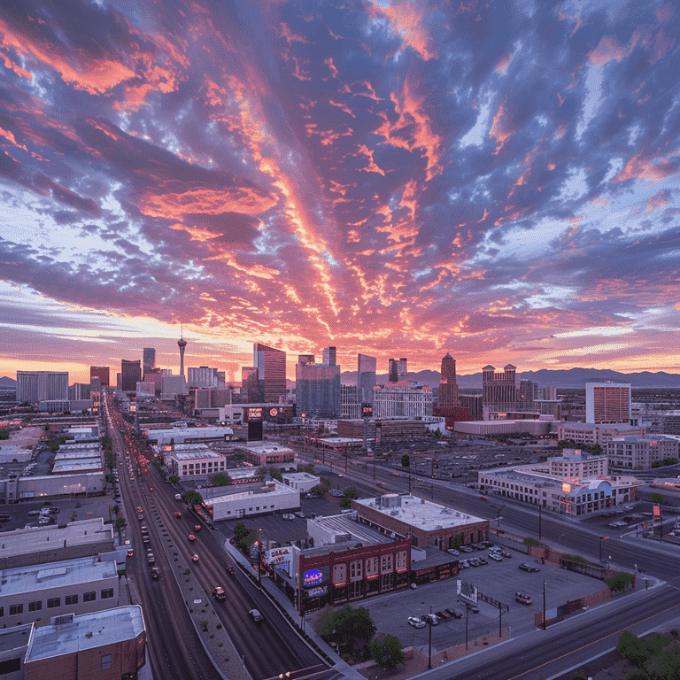 Downtown Las Vegas skyline at sunset, highlighting the balance of old and new developments.