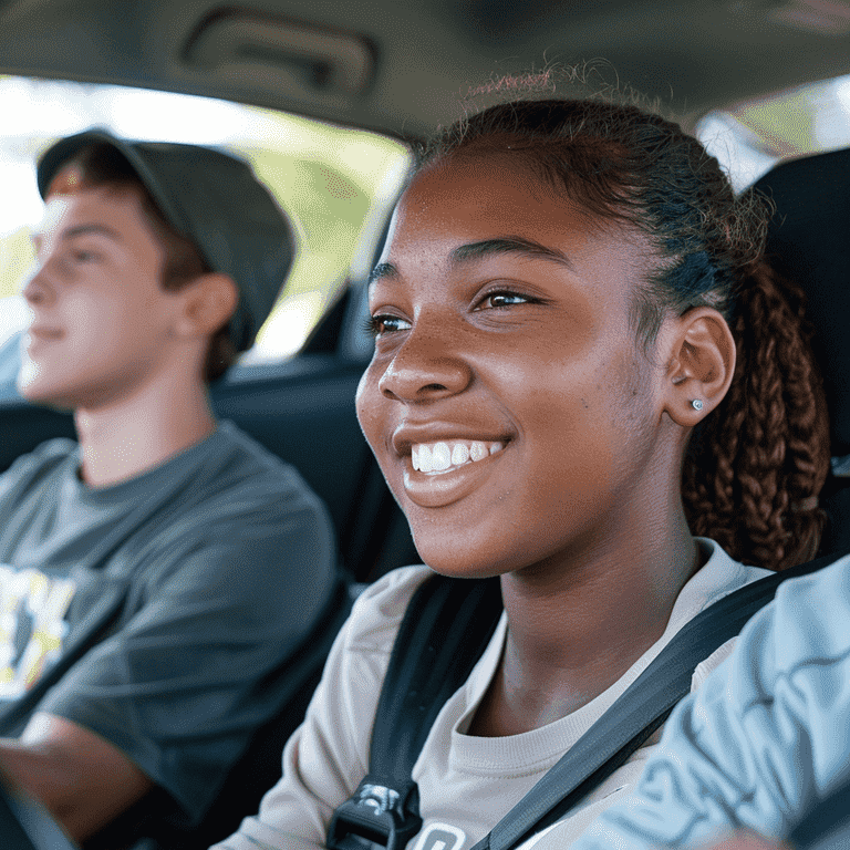 Teenagers in a driver education class with an instructor explaining road signs on a whiteboard.