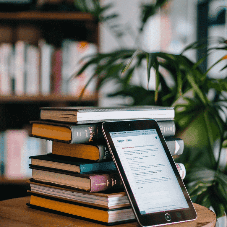 Stack of educational books and a tablet displaying an educational website.