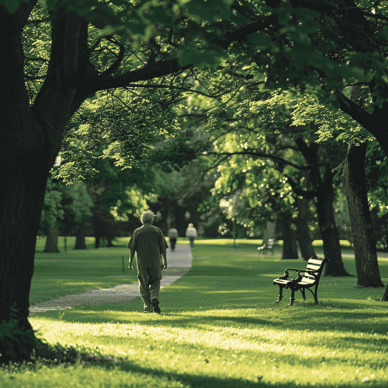 Mature individual walking through a peaceful park, reflecting on life.