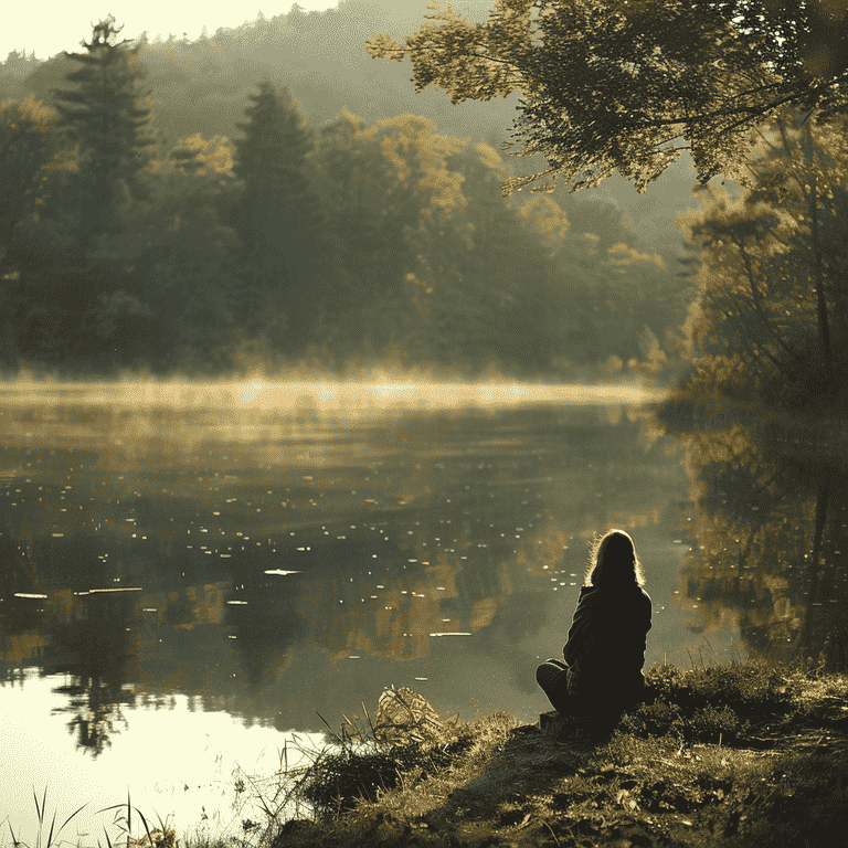 A woman sitting by a calm lake at sunrise, symbolizing emotional support and recovery.