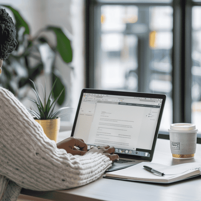 Person reviewing job listings on a laptop in a modern office setting.