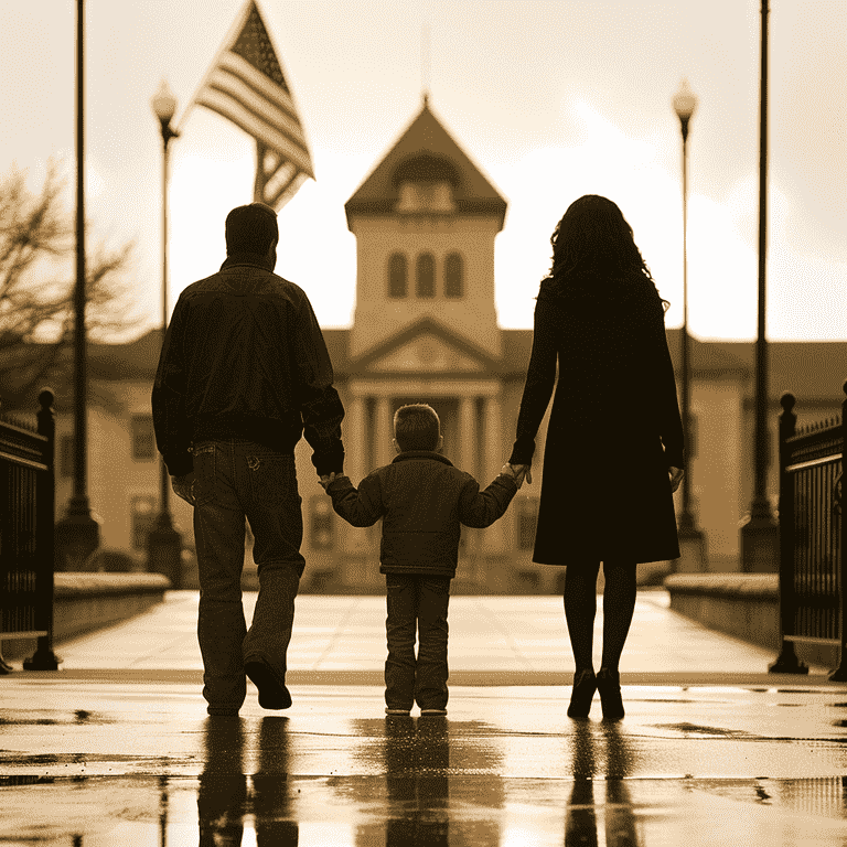 Family holding a child’s hand with a courthouse in the background representing adoption law revisions