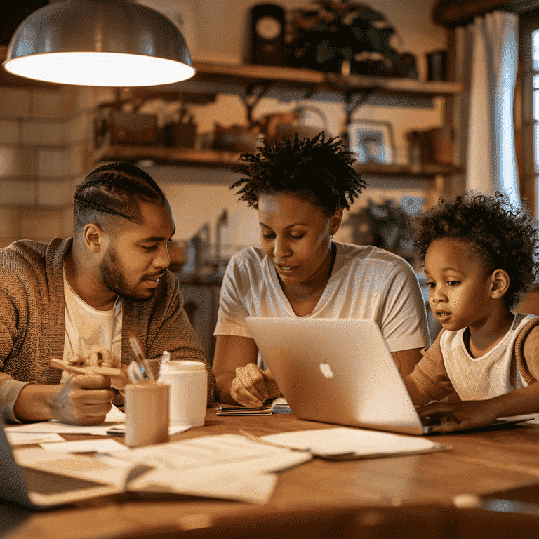 A family sitting around a kitchen table working on their budget together