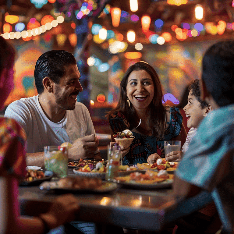 A family enjoying a meal at a themed restaurant in Las Vegas.