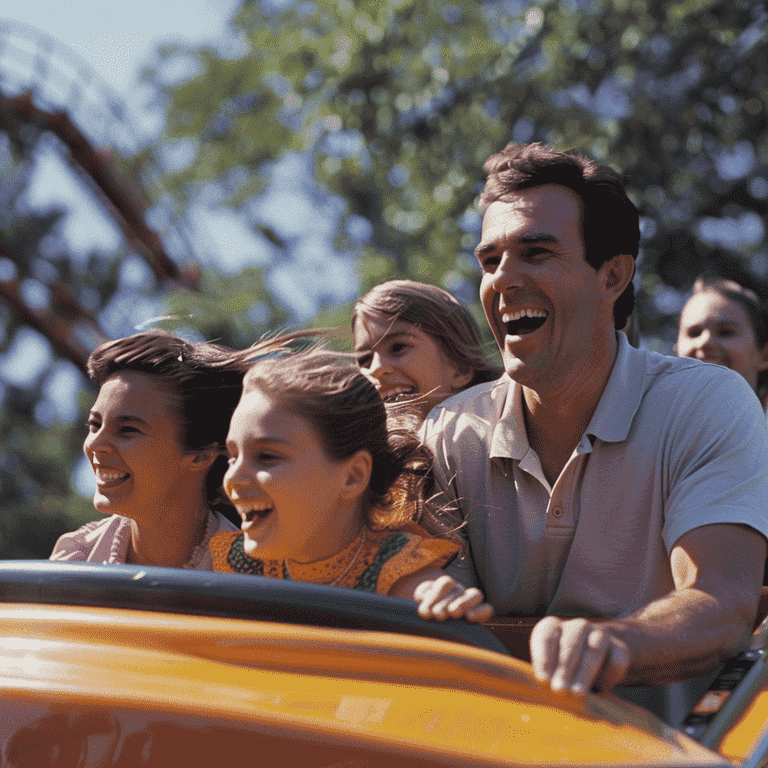 Family riding a roller coaster at an amusement park in Las Vegas.