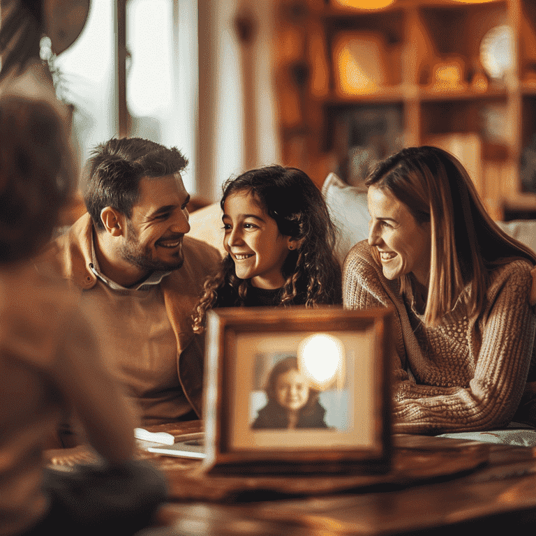 Family sitting together in a living room with a framed photo of a loved one on a table