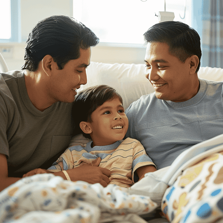 Family sitting together in a hospital room, providing support to a recovering child