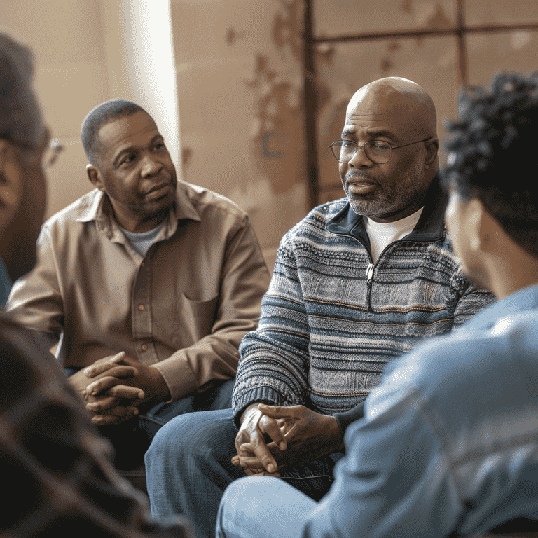 A support group meeting with fathers sitting in a circle, discussing and sharing experiences.