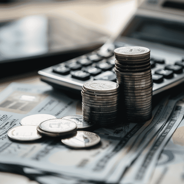 Calculator, bank statements, and coins on a table, representing financial considerations in divorces involving domestic violence.