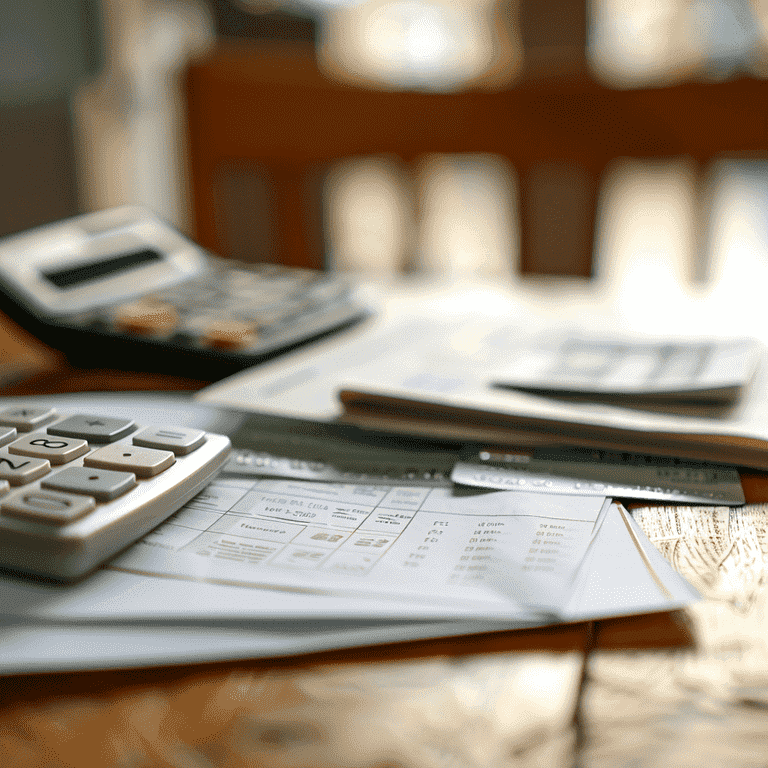 Calculator, financial documents, and a green card on a desk, representing the financial considerations that impact immigration status during divorce.