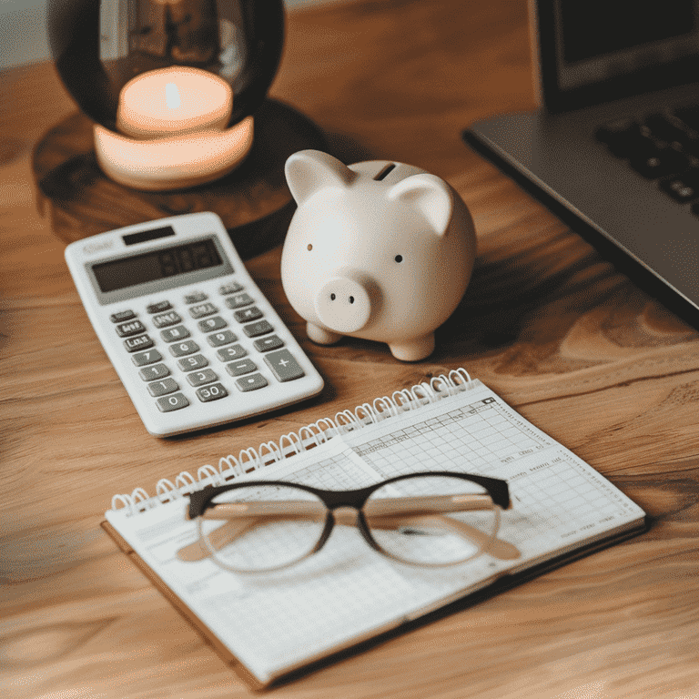 Calculator, financial notepad, and piggy bank on a table, symbolizing financial planning before filing for divorce.