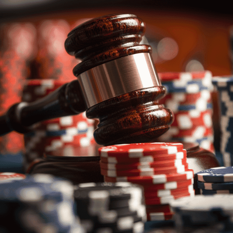 Gavel resting on a stack of casino chips representing legal consequences for casino-related crimes