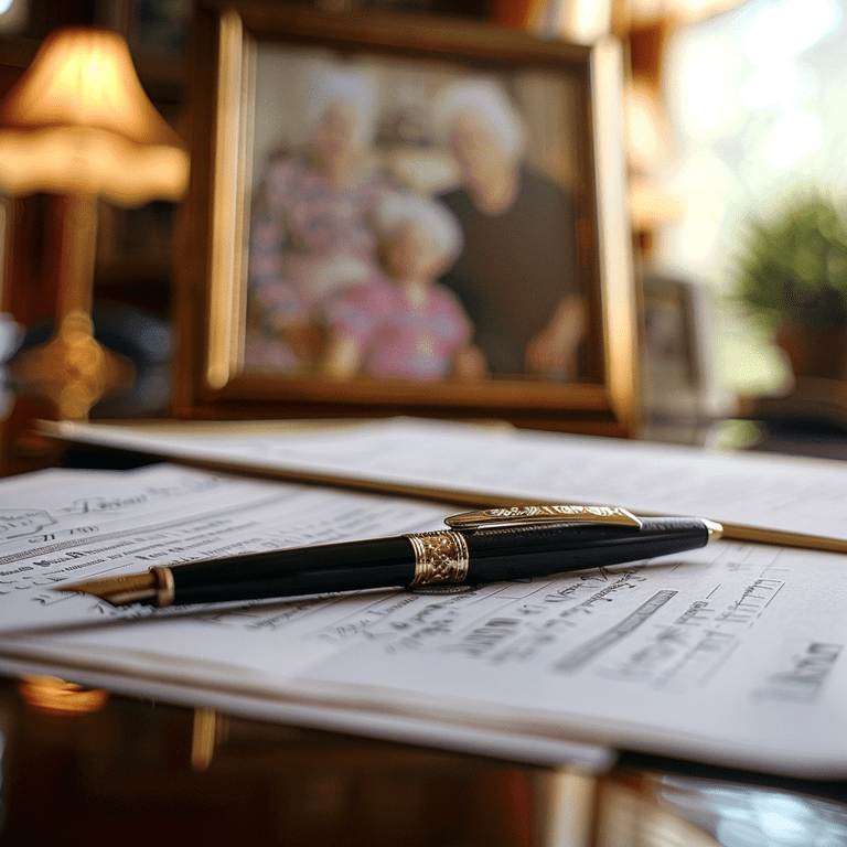 Legal documents with a pen and images of an elderly person and a child, representing guardianship and conservatorship.