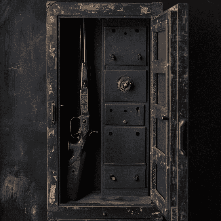 Locked gun safe with a firearm securely stored inside.