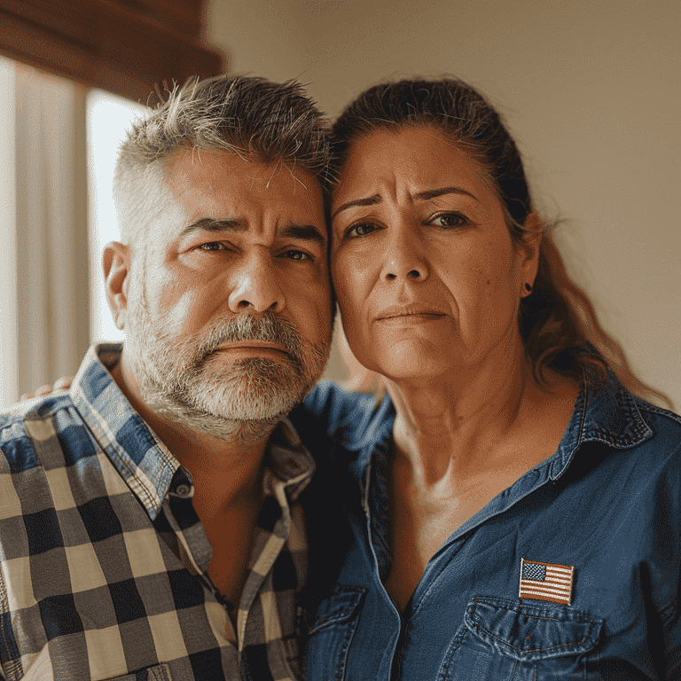 A couple, with one wearing a U.S. flag pin, representing the immigration implications for spouses of U.S. citizens.