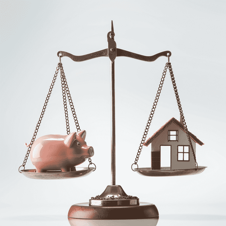 Scales of justice balancing a broken piggy bank and a house, symbolizing the impact of marital waste on divorce settlements.