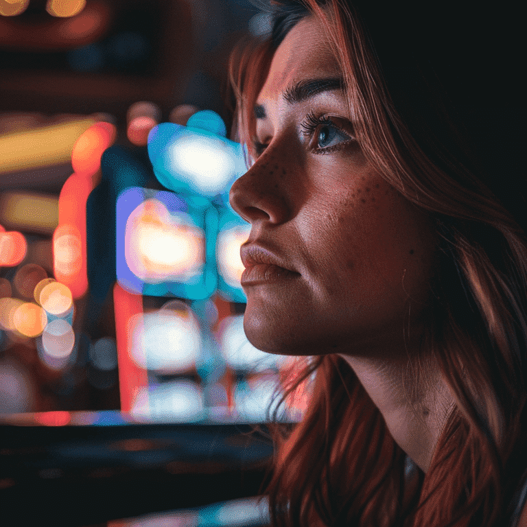 A concerned individual with a blurred casino background, symbolizing uncertainty or lack of intent in criminal actions.