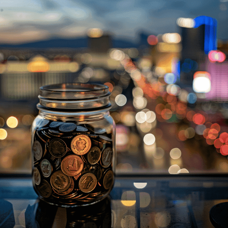 A savings jar filled with money with the Las Vegas skyline in the background.