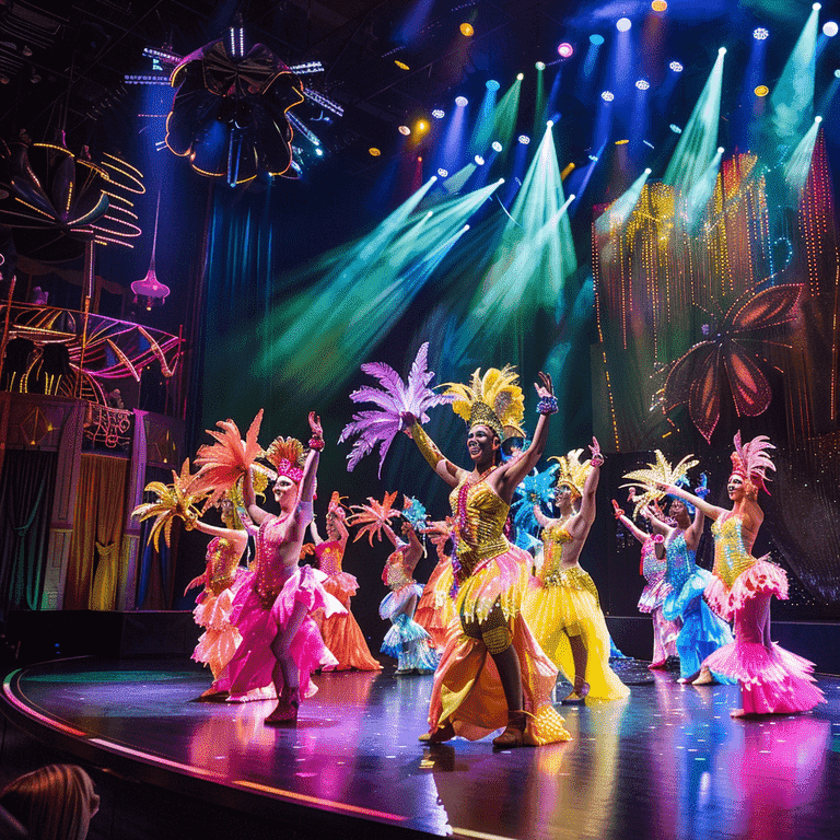 Performers in vibrant costumes on a colorful stage during a family-friendly show in Las Vegas.