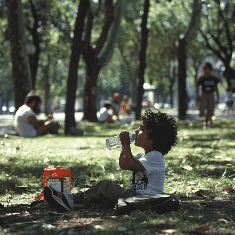 Child staying hydrated in a shaded park with a first aid kit ready for health and wellness.