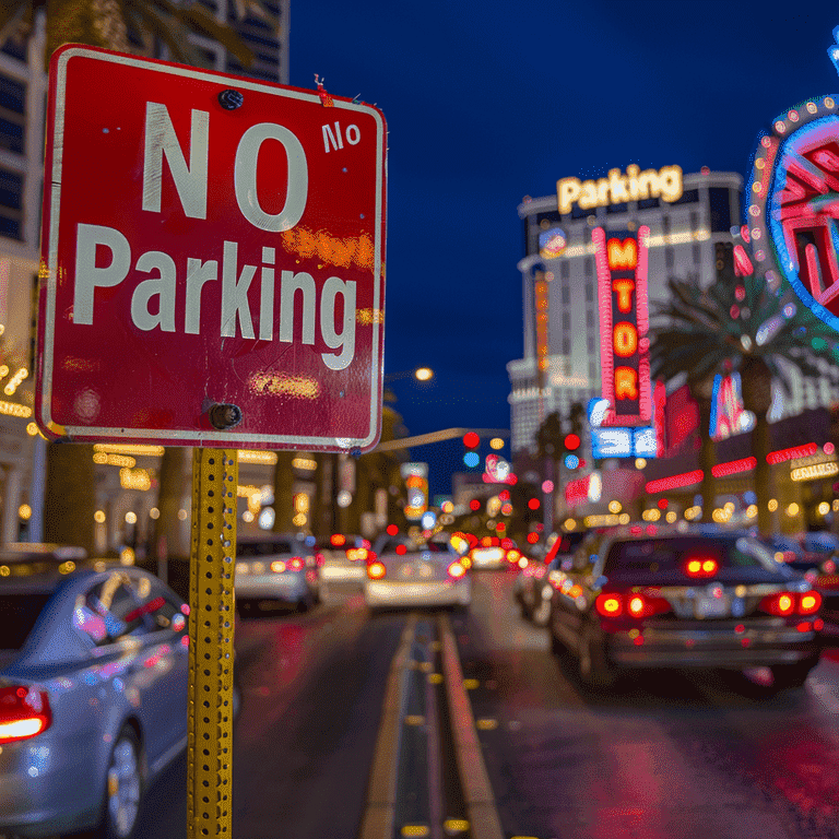 No Parking sign on a busy Las Vegas street, representing the regulations and restrictions in the Order Out Corridor.