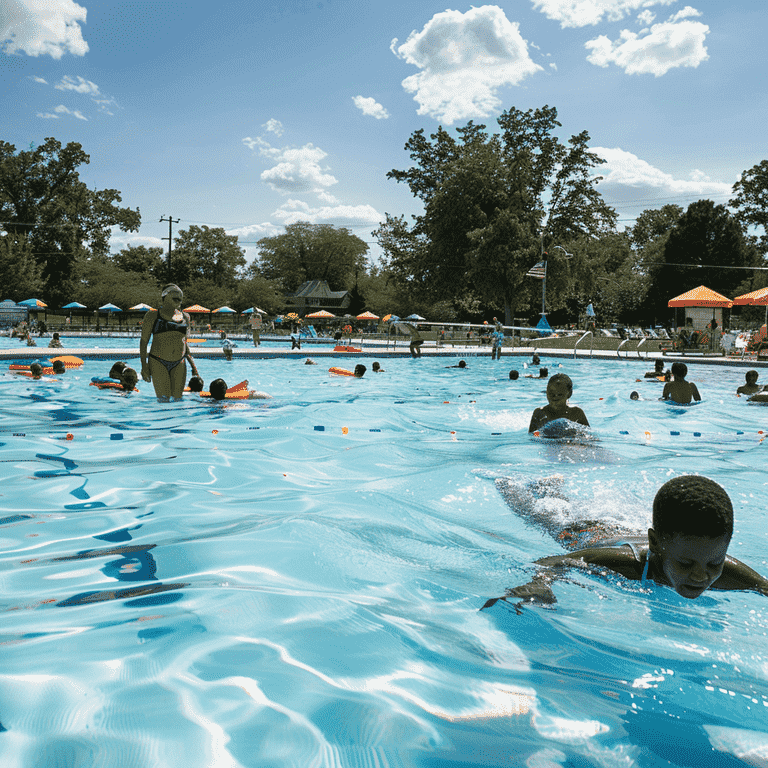 Children swimming in a Las Vegas pool with a lifeguard ensuring safety.