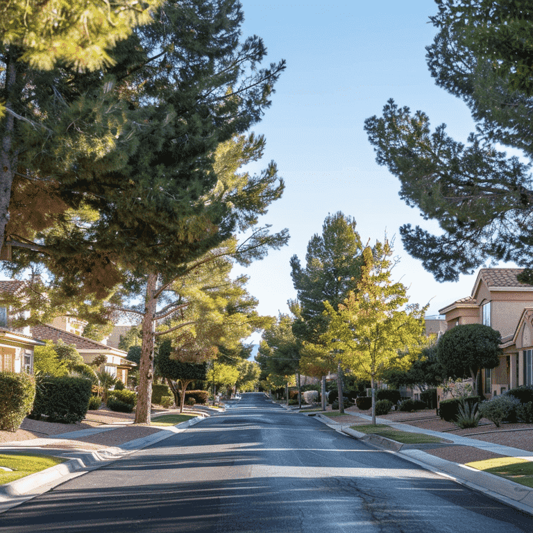 A peaceful residential street in Las Vegas with well-maintained homes, representing the positive impact of the Order Out Corridor on residents.