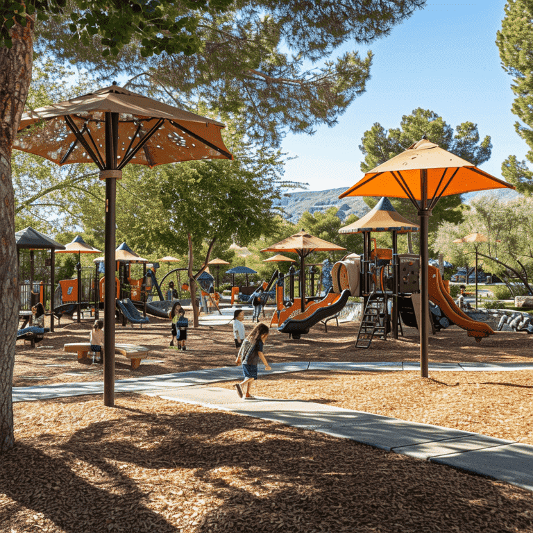 Children playing safely on shaded playground equipment in Las Vegas with parental supervision