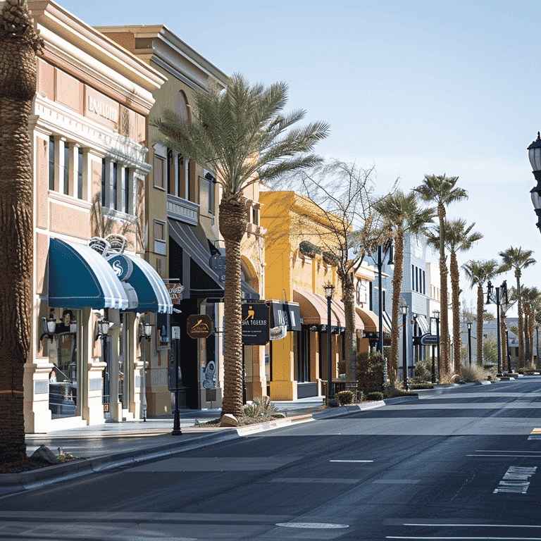 A row of storefronts along a clean street in Las Vegas, illustrating the impact of the Order Out Corridor on local businesses.