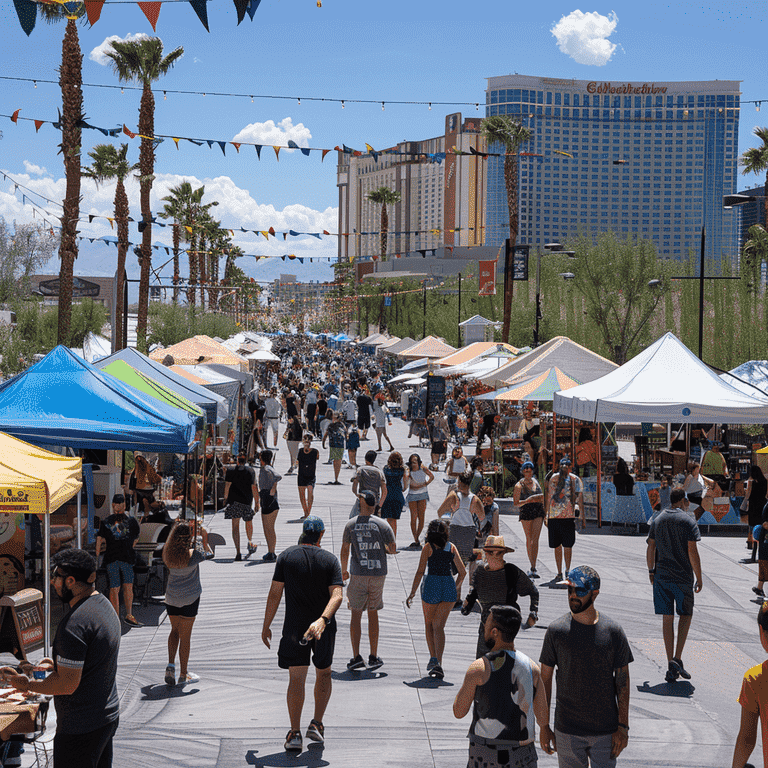 Families enjoying a summer festival in Las Vegas with shaded tents and water stations.