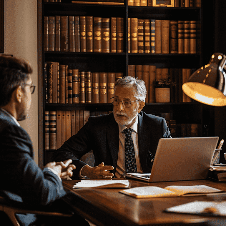 Lawyer and client discussing a case in an office.