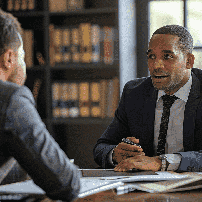 A lawyer discussing a case with a father in an office setting, emphasizing professionalism and expertise.