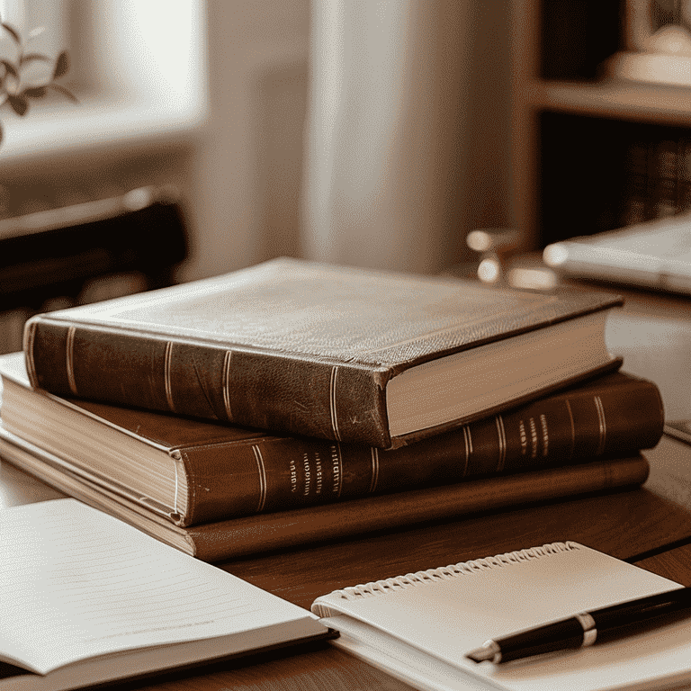 Close-up of a lawyer's desk with legal books, a notepad, and a pen, symbolizing legal advice for dealing with marital waste.