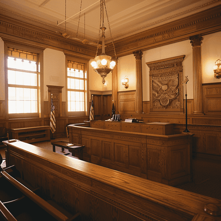 Courtroom with judge's bench and scales of justice representing the legal aspects of divorce in Nevada.