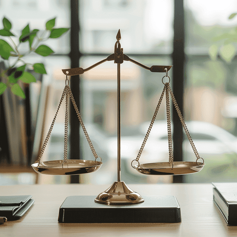 Balanced scale of justice on a desk symbolizing legal considerations in divorce.