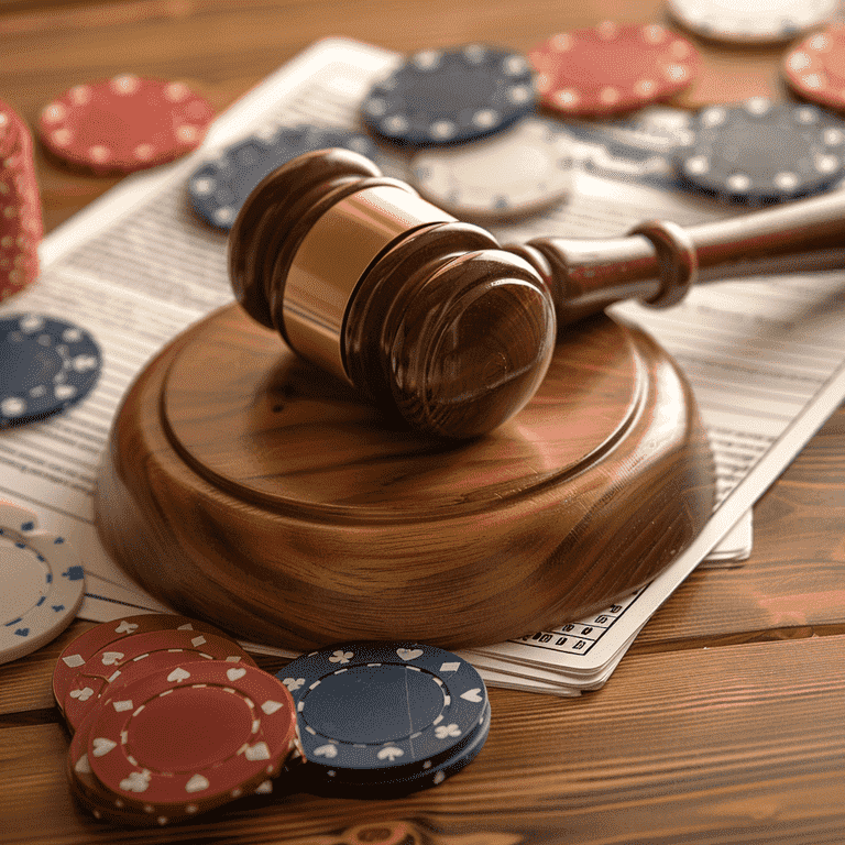 Gavel on legal documents with casino chips scattered, representing legal issues in a gambling-related divorce.