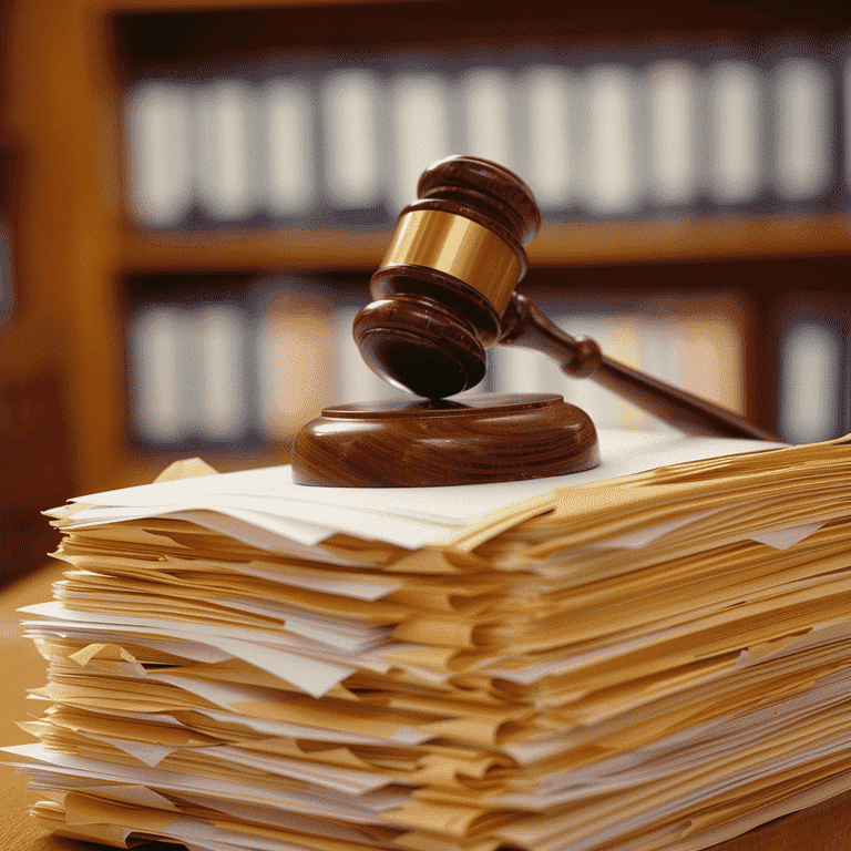 Gavel resting on legal documents in a courtroom, highlighting the legal implications of using a private investigator in a divorce.