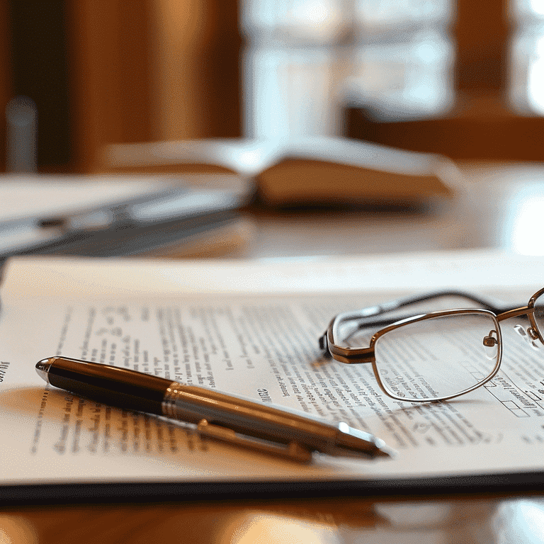 Lawyer's desk with a legal contract, pen, and eyeglasses, representing the selection of legal strategies and the right attorney.