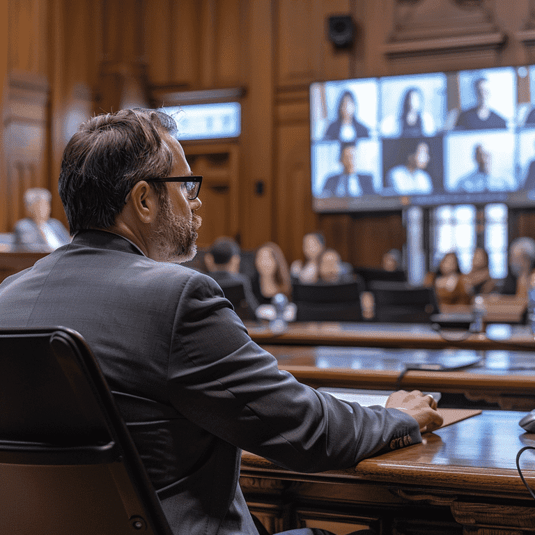 A lawyer in a courtroom presenting a social media post as evidence on a large display screen.