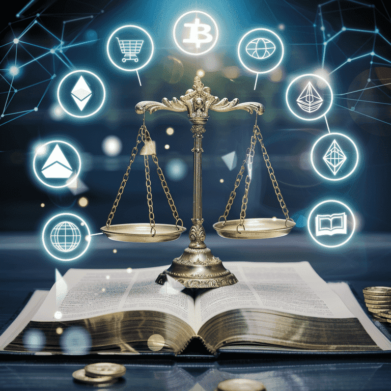 A law book with scales of justice and cryptocurrency symbols around it.