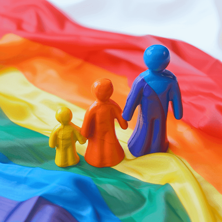 Rainbow flag draped over a family figure icon representing protections for same-sex couples and LGBTQ+ families.