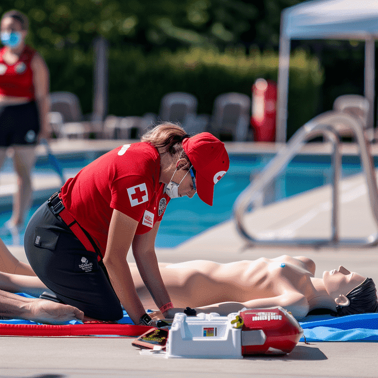 Lifeguard performing CPR on a dummy poolside with emergency rescue equipment nearby