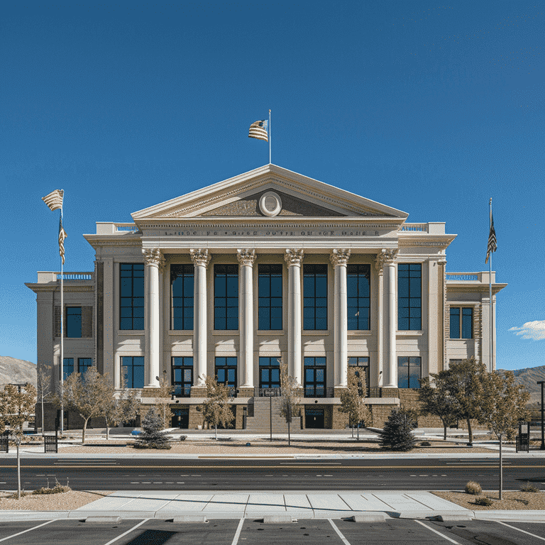 Exterior view of a Nevada courthouse under a clear blue sky.